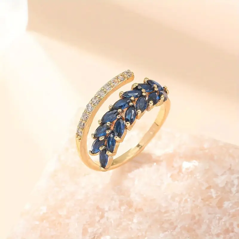 Josiane | Bague Feuille en Cristal Bleu Ouvert